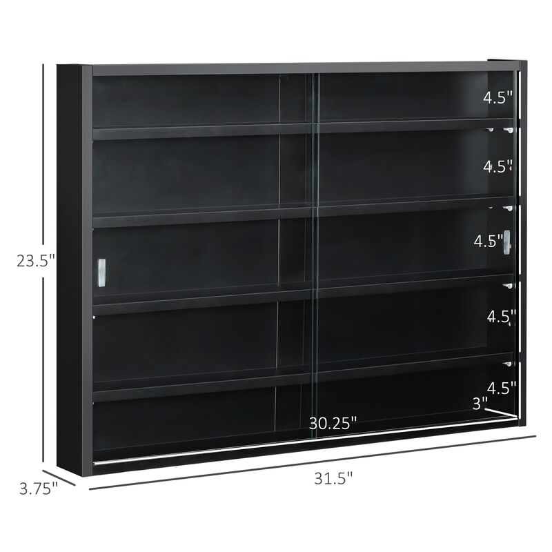 Black Wall Display: 5-Tier Glass Cabinet with Adjustable Shelves