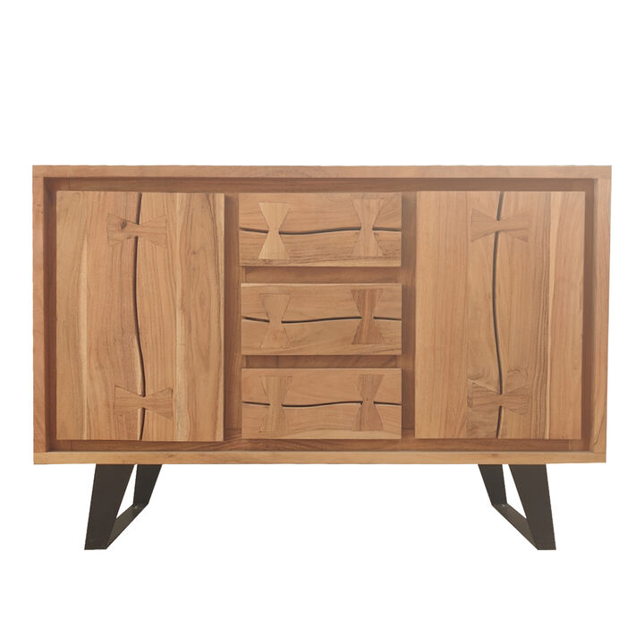 40 Inch Sideboard Buffet Console with 2 Cabinets, Brown Acacia Wood, 3 Drawers, Black Iron Base - Benzara
