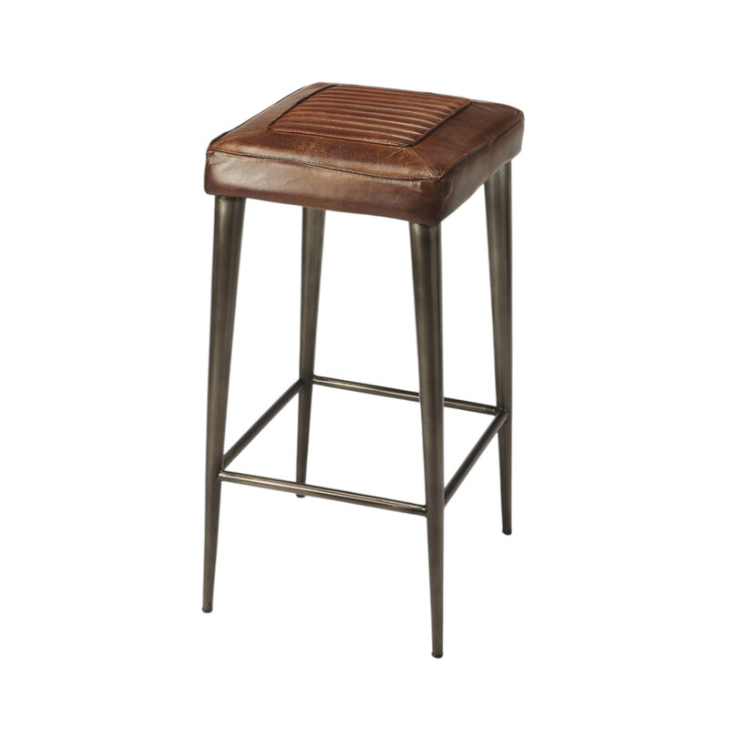 HomeRoots 32" Brown And Gray Genuine Leather And Iron Backless Counter Height Bar Chair image number 0