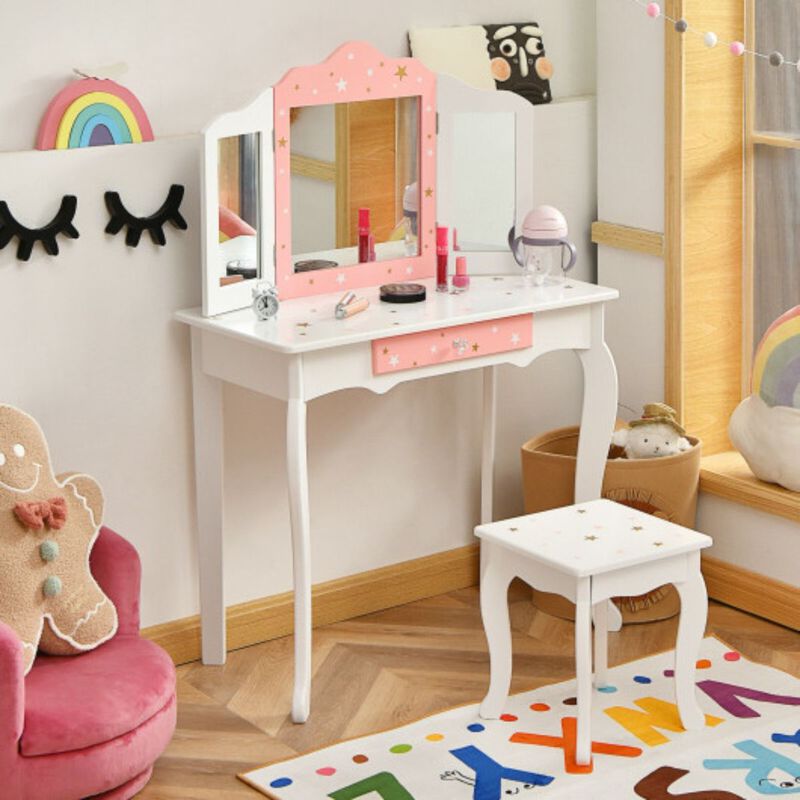 Kids Princess Vanity Table and Stool Set with Tri-folding Mirror and Drawer image number 2