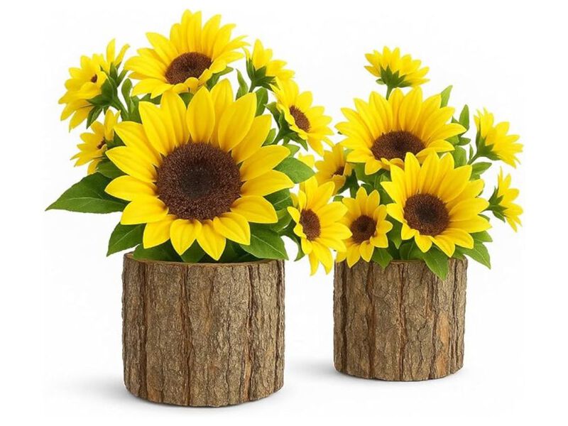 Artificial Flowers Home Decor Sunflowers Rustic Bark Pots 2 image number 0