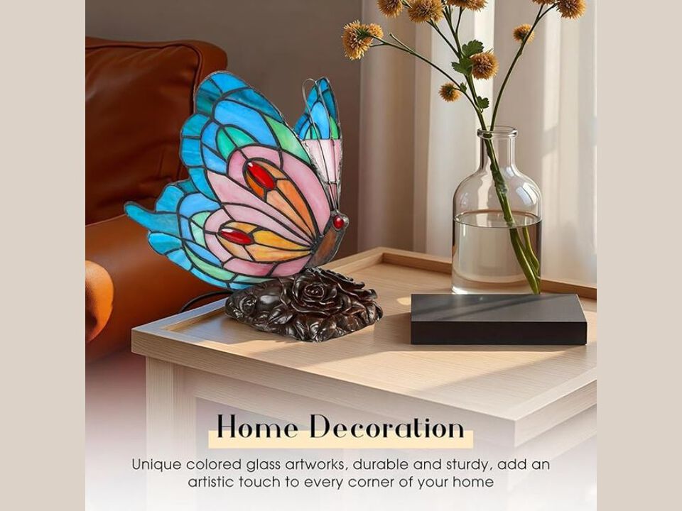 Tiffany Style Butterfly Table Lamp Stained Glass Vintage Nightstand Light