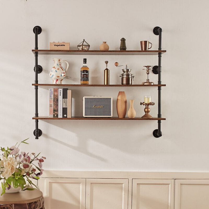 Metal Pipe Shelf 3-Tier Wall Rack for Kitchen, Bedroom, or Home Office Use