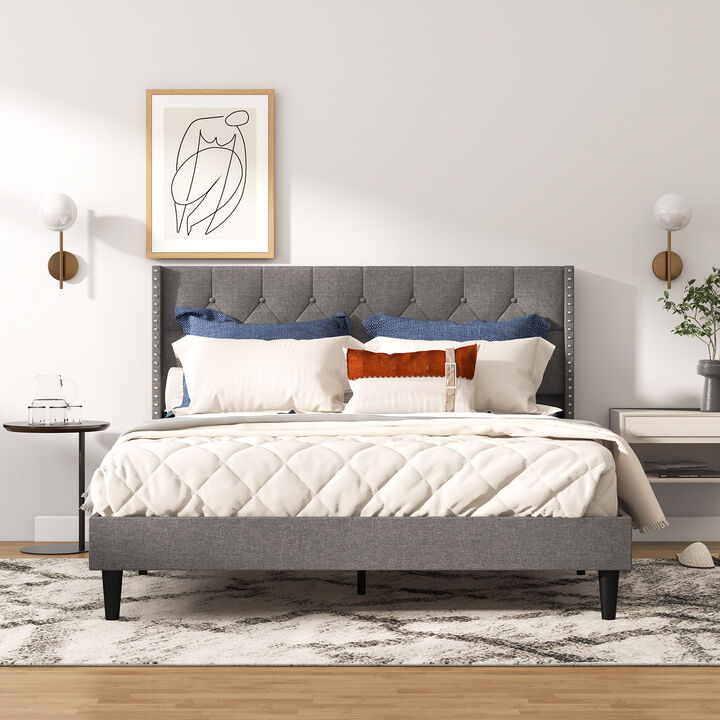 Upholstered Platform Bed with Button Tufted Headboard