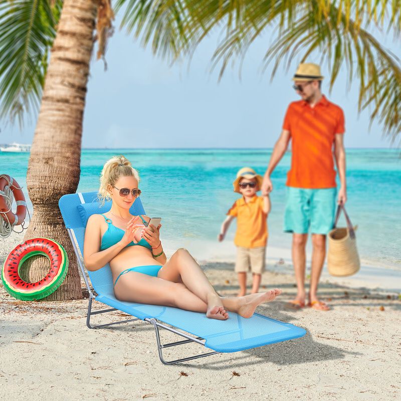 Breathable Beach Chair: Blue Portable Folding Sun Seat with Adjustable Back