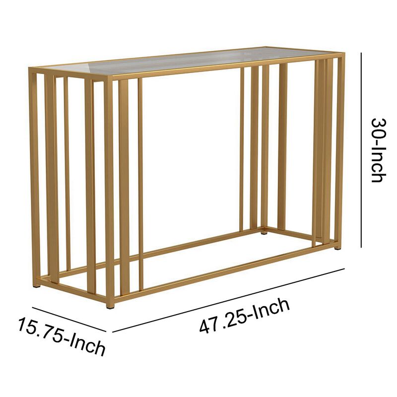 Glass Top Sofa Table with Metal Tubular Base, Brass-Benzara
