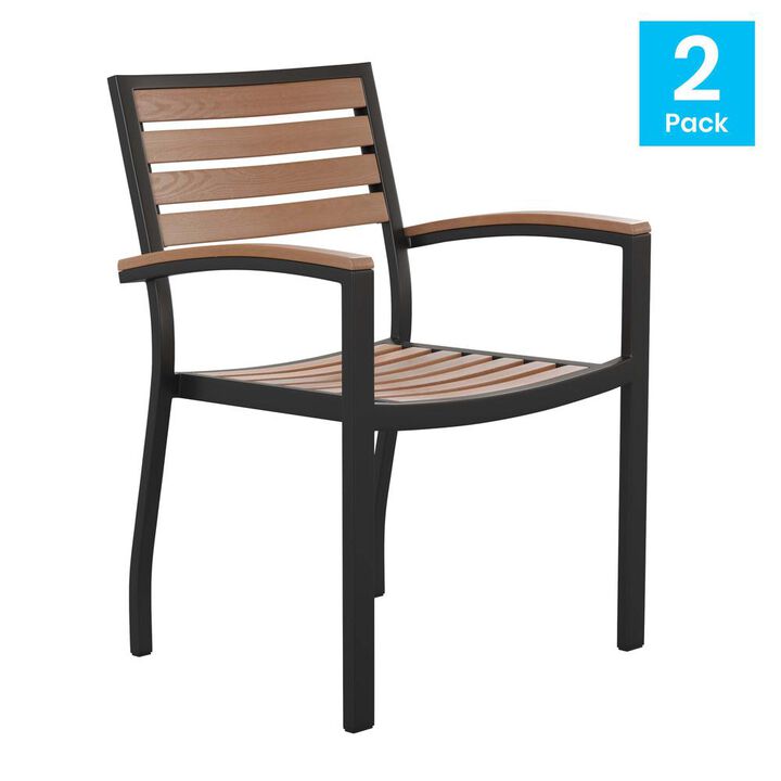 Flash Furniture Outdoor Stackable Faux Teak Side Chair - Commercial Grade Black Aluminum Patio Chair with Synthetic Teak Slats - Set of 2