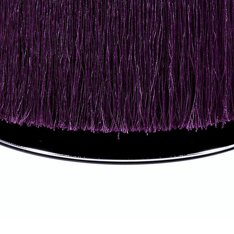 Fabric Upholstered Round Ottoman with Fringes and Metal Base, Purple-Benzara