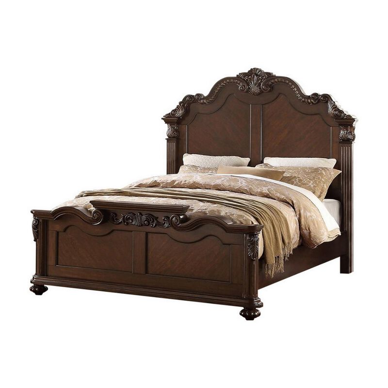 Splendidly Carved Queen Wooden Bed, Dark Walnut And Veneer Finish - Benzara