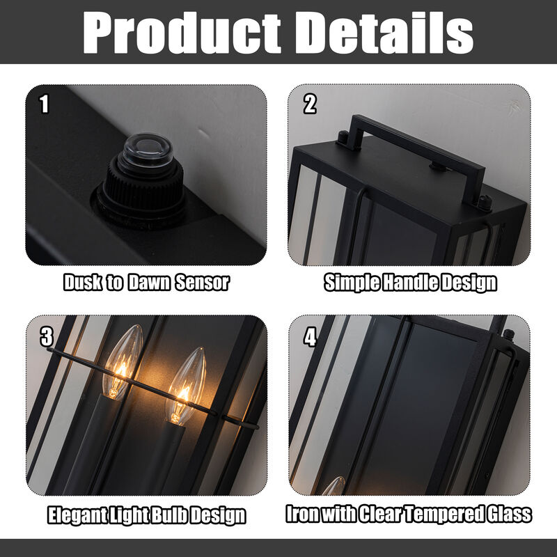 H19" Modern Large Lantern Outdoor Wall Light with Clear Glass Dual-Bulb Design and Black Finish Wall Sconces for Porch Patio Entryway image number 5