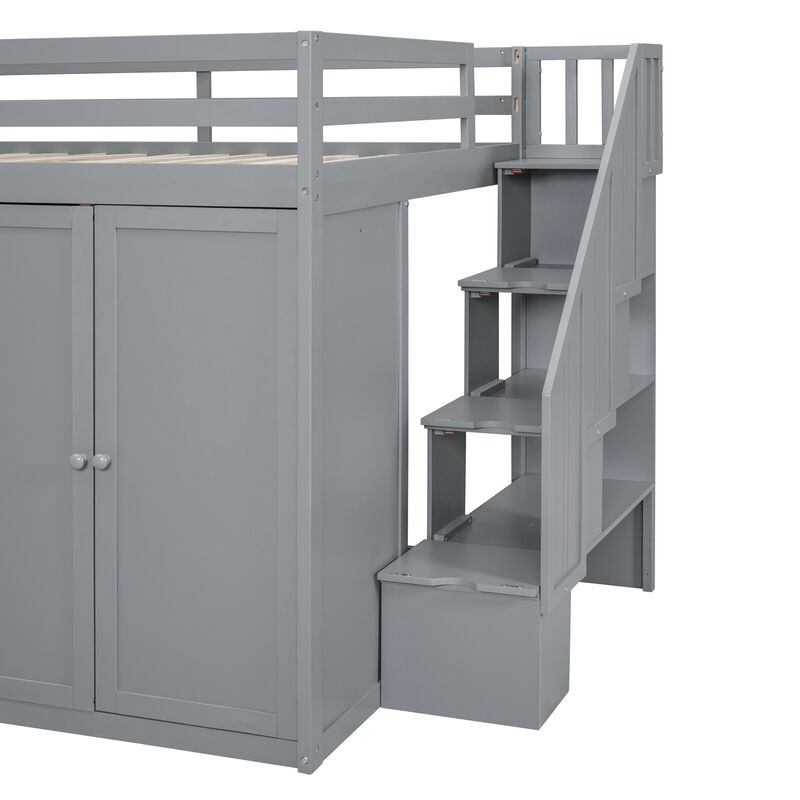 Merax Wood Loft Bed with Built-in Wardrobes