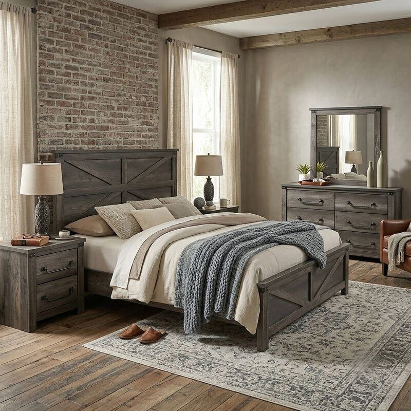 Bry 5pc Farmhouse Queen Complete Bedroom Set, Rustic Gray, 2 Nightstands image number 6