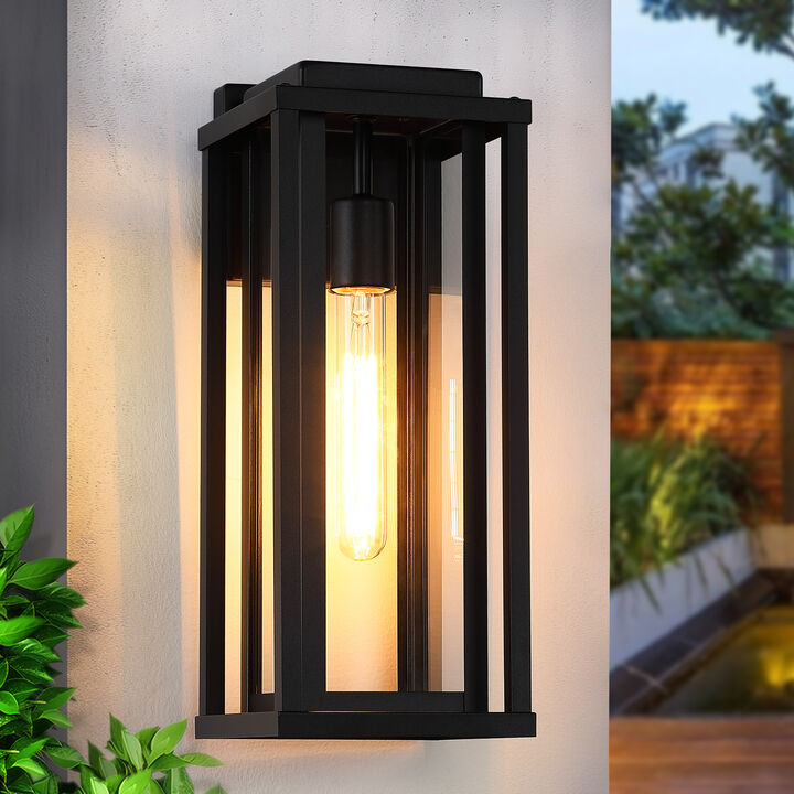 16 in. Modern Industrial 1-Light Dimmable Black Outdoor Wall Lantern