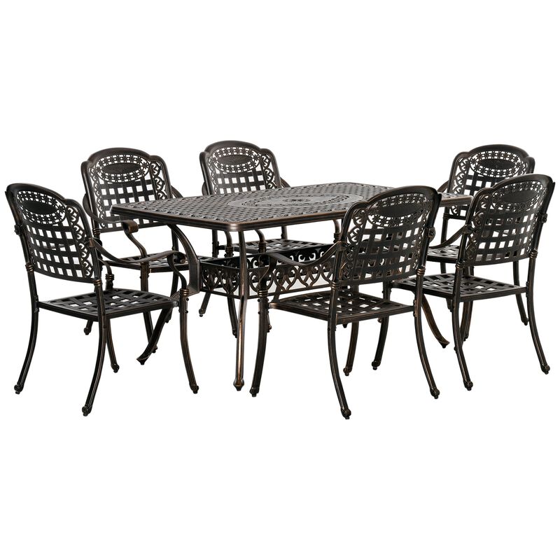 Bronze Outdoor Dining: 7-Piece Cast Aluminum Set with Umbrella Hole