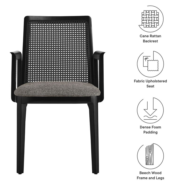 Modway Monarch Wood Dining Accent Armchair with Cane Back and Padded Seat in Black Black Gray image number 3