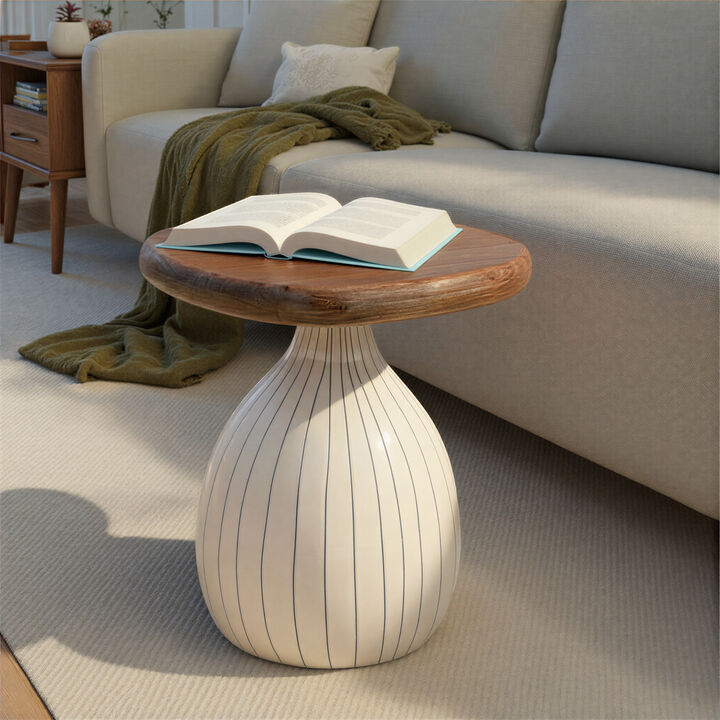 Abstract Enameled Metal Accent Table with Acacia Wood Top