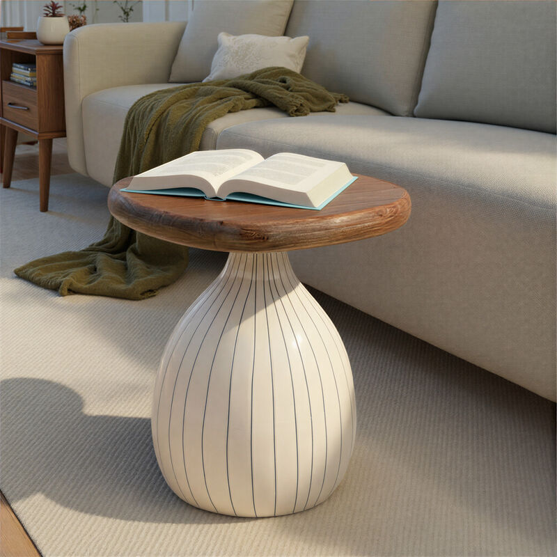Abstract Enameled Metal Accent Table with Acacia Wood Top image number 1