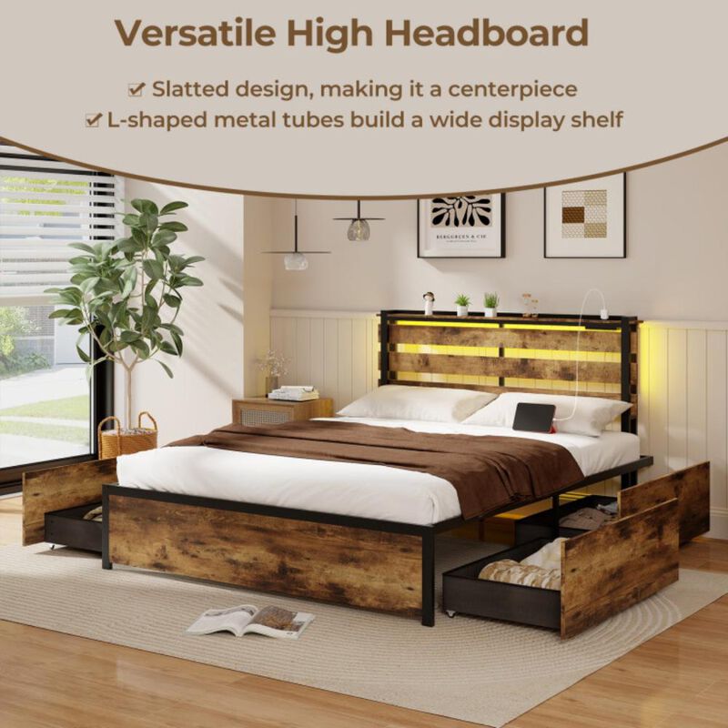 Hivvago Bed Frame with Drawers LED Lights and USB Ports