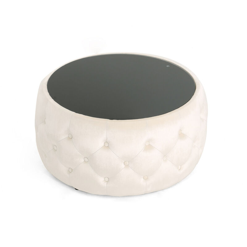 Ottoman Coffee Table, Beige Tufted Velvet, 30 Inch Round Glass Top