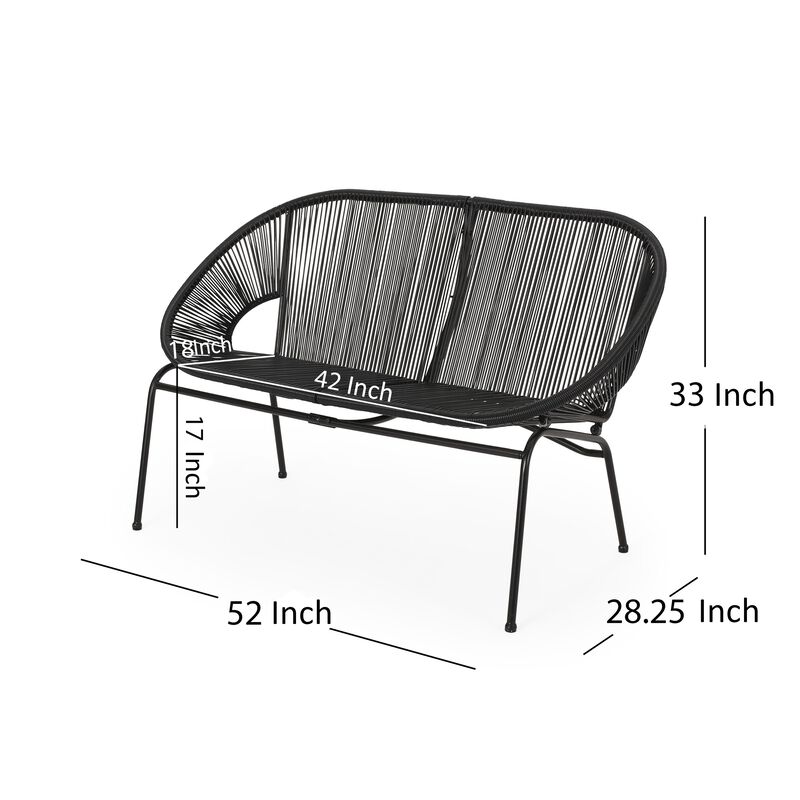 Remma Loveseat, Outdoor Rattan, Basket Woven, Black Iron Frame, 52 Inch - Benzara