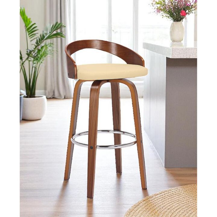 Hivvago 30 Inch Cream And Brown Faux Leather And Solid Wood Swivel Low Back Bar Height Bar Chair