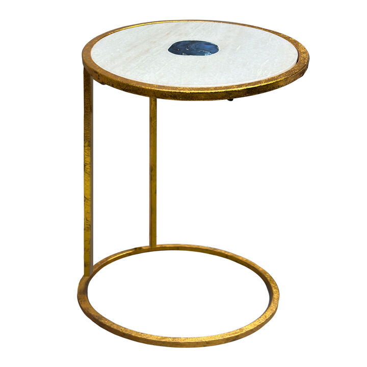 20 Inch Round Side End Table, White Marble Top with Blue Agate Stone Inlay, Gold Foil Finish Iron Frame - Benzara
