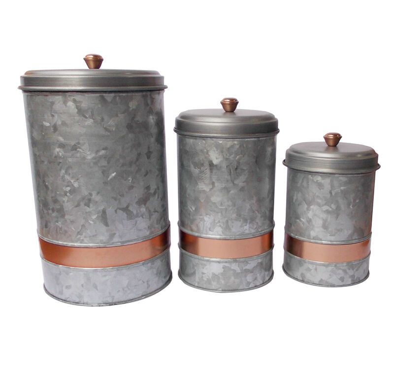 Benzara AMC0014 Galvanized Metal Lidded Canister With Copper Band, Set of Three, Gray - Benzara