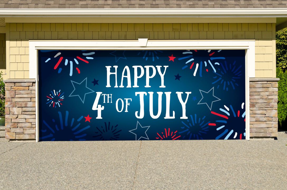 7' x 16' White and Blue Fourth of July US Flag Double Car Garage Door Banner