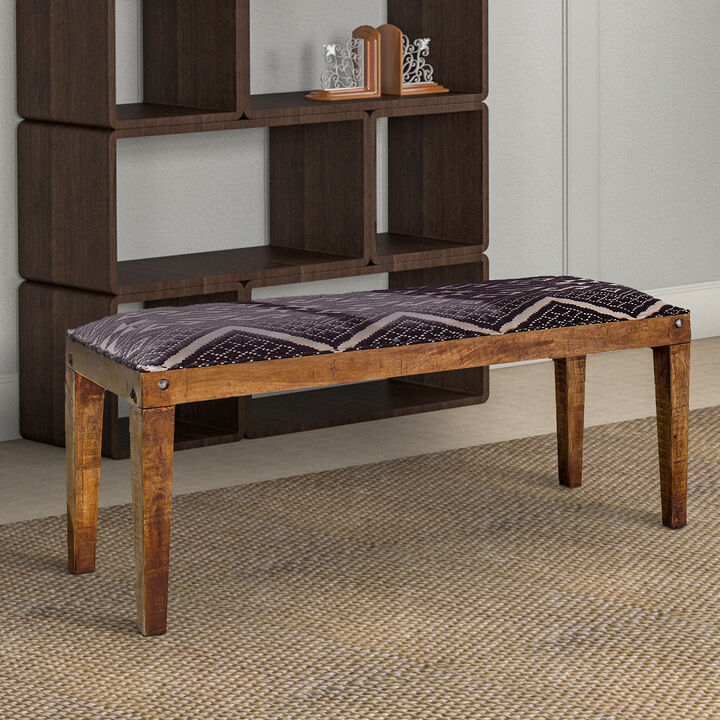 Fabric Upholstered Wooden Bench with Tapered Legs, Brown and Blue