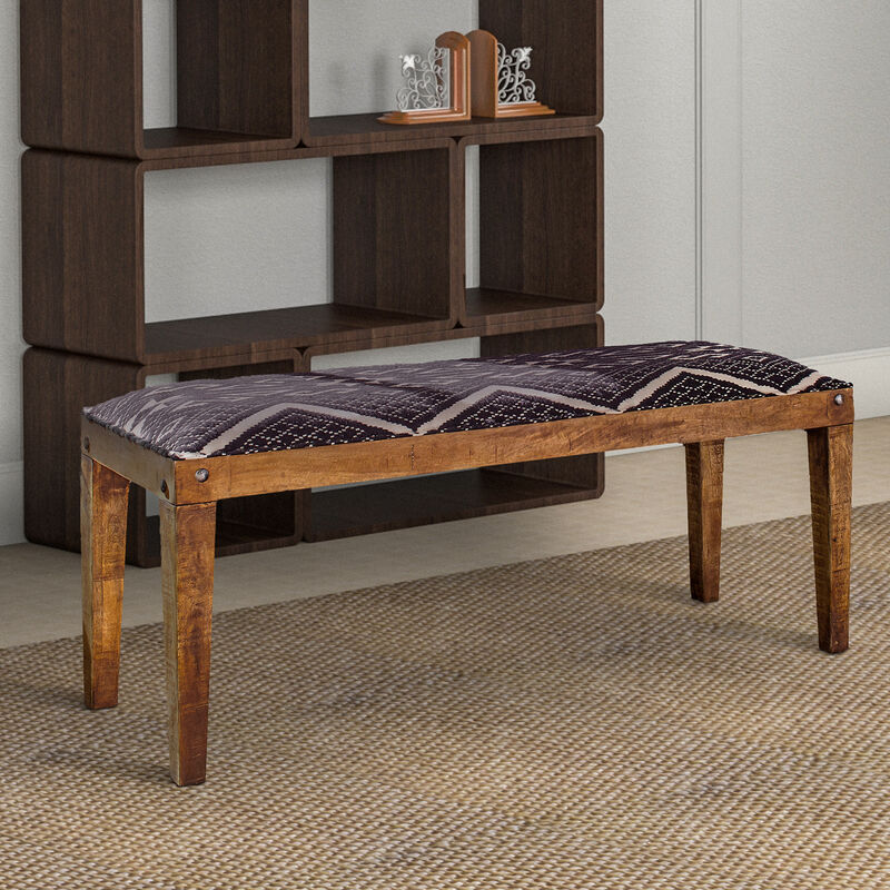 Fabric Upholstered Wooden Bench with Tapered Legs, Brown and Blue-Benzara
