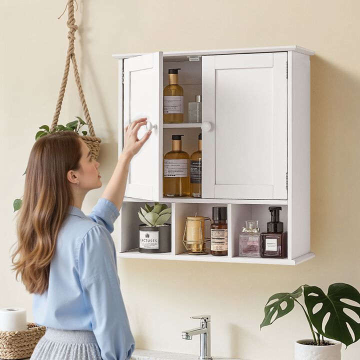 Wall Mounted Bathroom Cabinet with Mirrored Doors, Adjustable Shelf and Open Storage-White