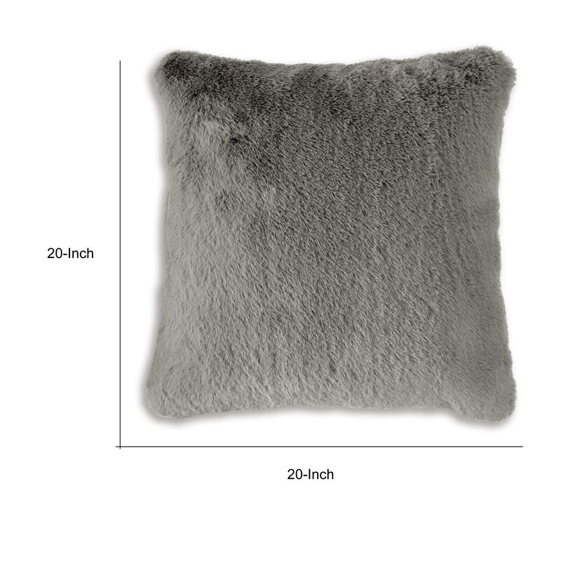 Difi Throw Pillow Set of 4, 20 Inch, Faux Rabbit Fur Face, Gray Polyester - Benzara