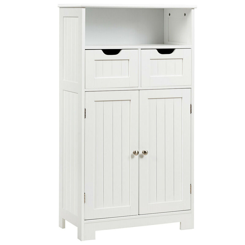 Costway Bathroom Floor Cabinet Wooden Storage Organizer Side Cabinet W/2 Drawer 2 Doors