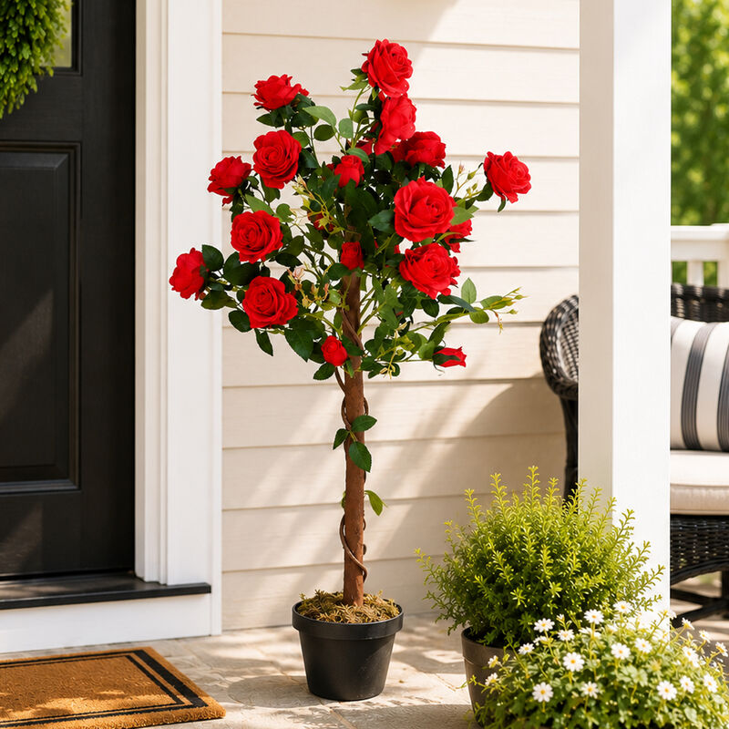 Roses with Greenery Artificial Potted Tree - Red - 47" image number 0