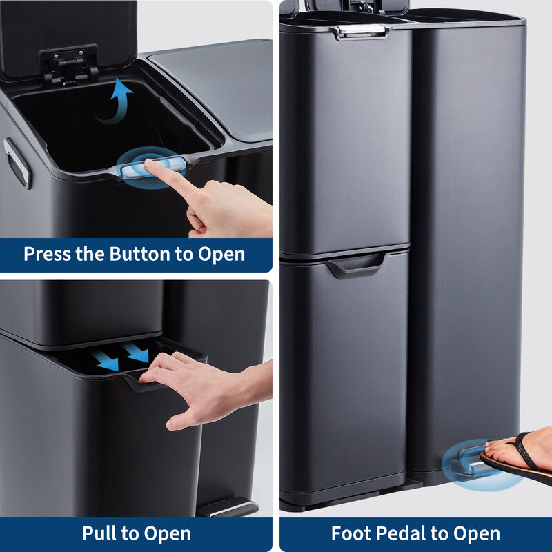 16 Gallon Triple Compartment Stainless Steel Trash Bin, Foot Pedal, Soft Close Lid, Removable Buckets, Large Capacity for Kitchen Office Bathroom image number 4