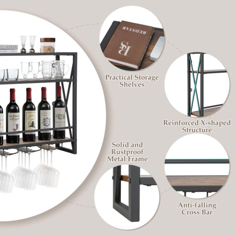 Hivvago 3-Tiers Industrial Wall Mounted Wine Rack with Glass Holder and Metal Frame