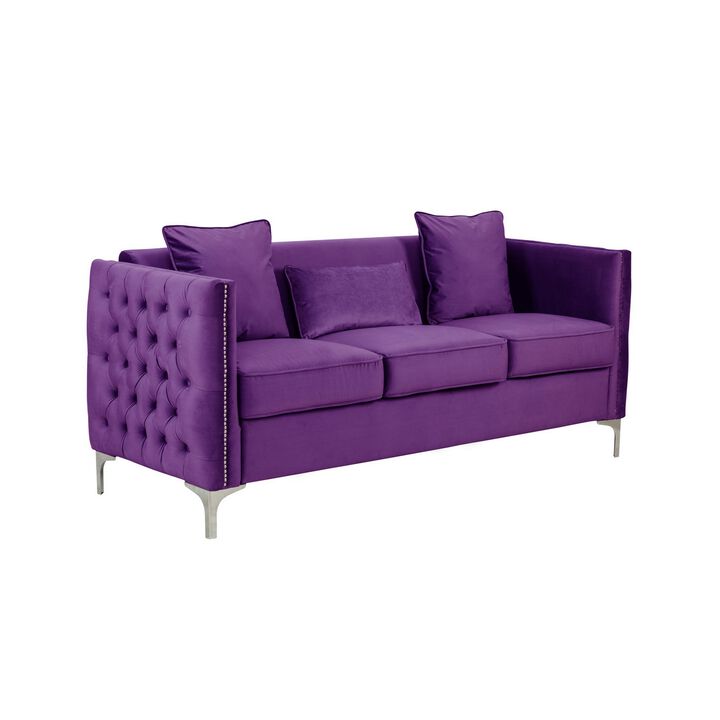 Zion 73 Inch Modern Sofa, Button Tufted Purple Velvet with Nailhead Trim - Benzara