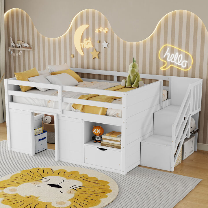Whisen Full Size Solid Wood Low Loft Bed Frame with Built-in Stairs, Storage Drawer & Shelf for Kids Bedroom