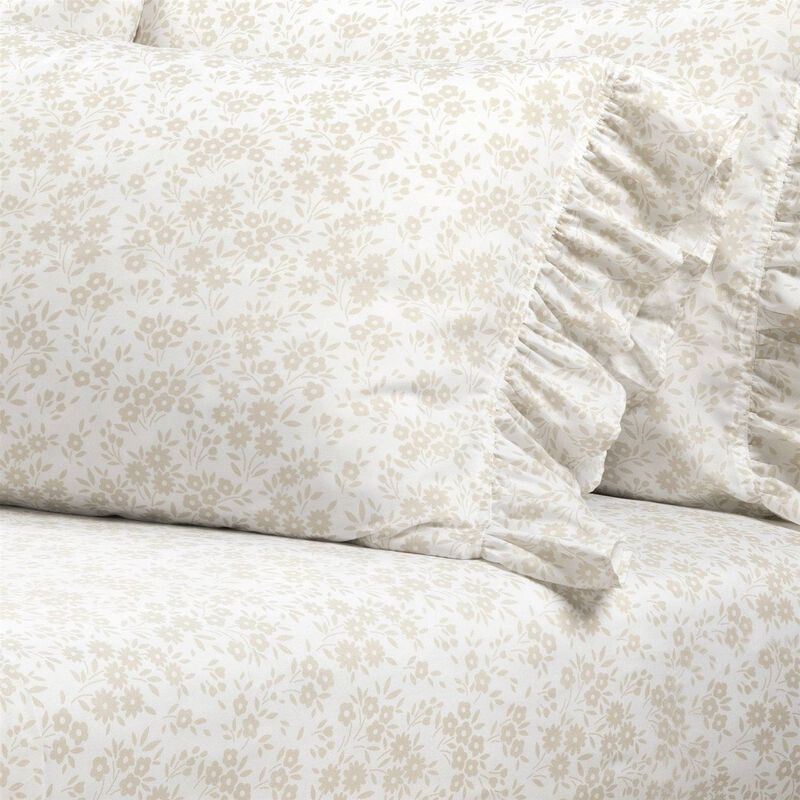 6 Piece Polyester Sheet Set Tan with Floral Print and Ruffle Detail