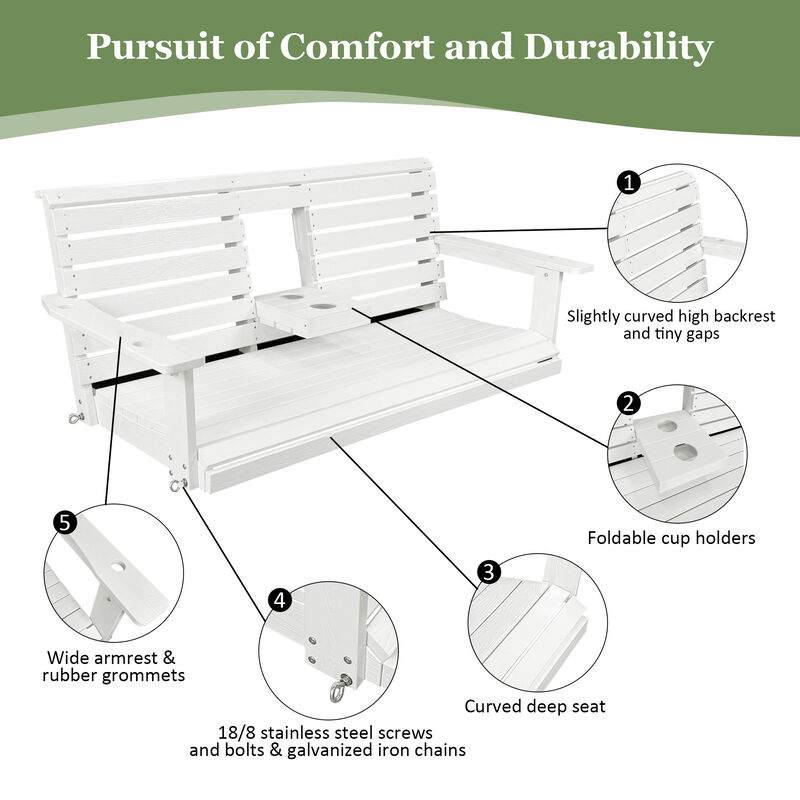 Poly Lumber 3-Seat Porch Swing, HIPS 5-Feet Bench Swing with Foldable Cup Holders,18/8 Stainless Steel Hardware, High Backrest and Deep Contoured Seat image number 6
