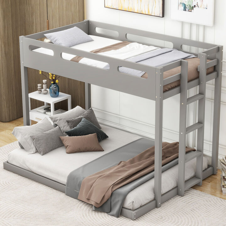 Twin over Full Bunk Bed with Builtin Ladder, Gray