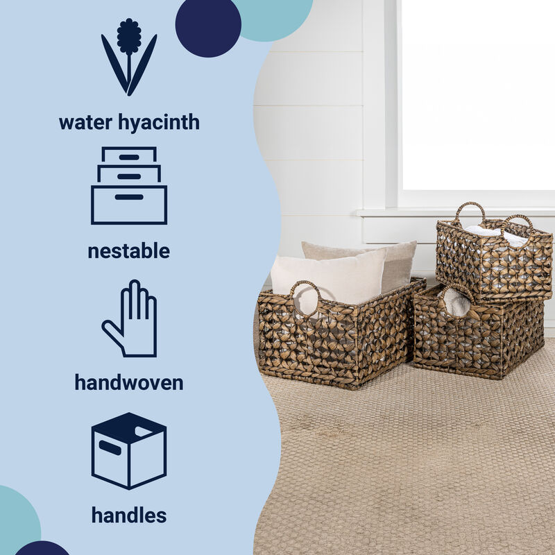 Quinn Bohemian Cottage Woven Hyacinth Rectangular Storage Baskets with Handles
