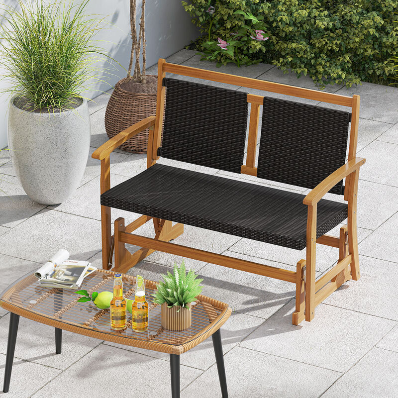 Acacia Wood Rattan Glider Chair, Outdoor Patio Furniture with Wicker Back