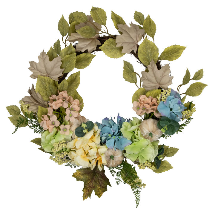 Green and Blue Floral and Gourds Thanksgiving Artificial Wreath  22-Inch