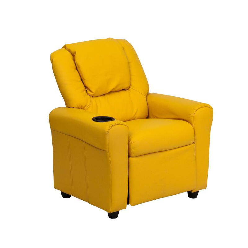Flash Furniture Vana Vinyl Kids Recliner with Cup Holder, Headrest, and Safety Recline, Contemporary Reclining Chair for Kids, Supports up to 90 lbs., Yellow