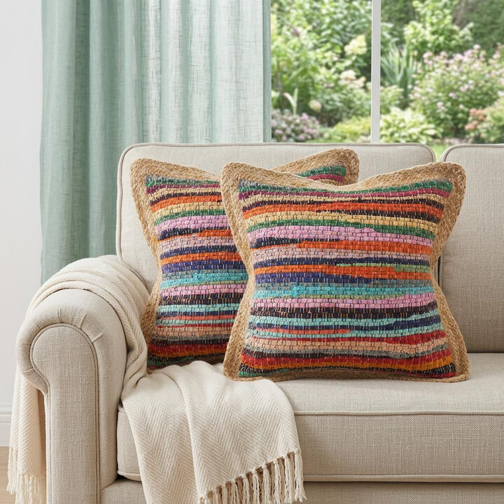 HomeRoots Set of Two 20" Blue Red And Natural Striped Cotton And Jute Throw Pillows