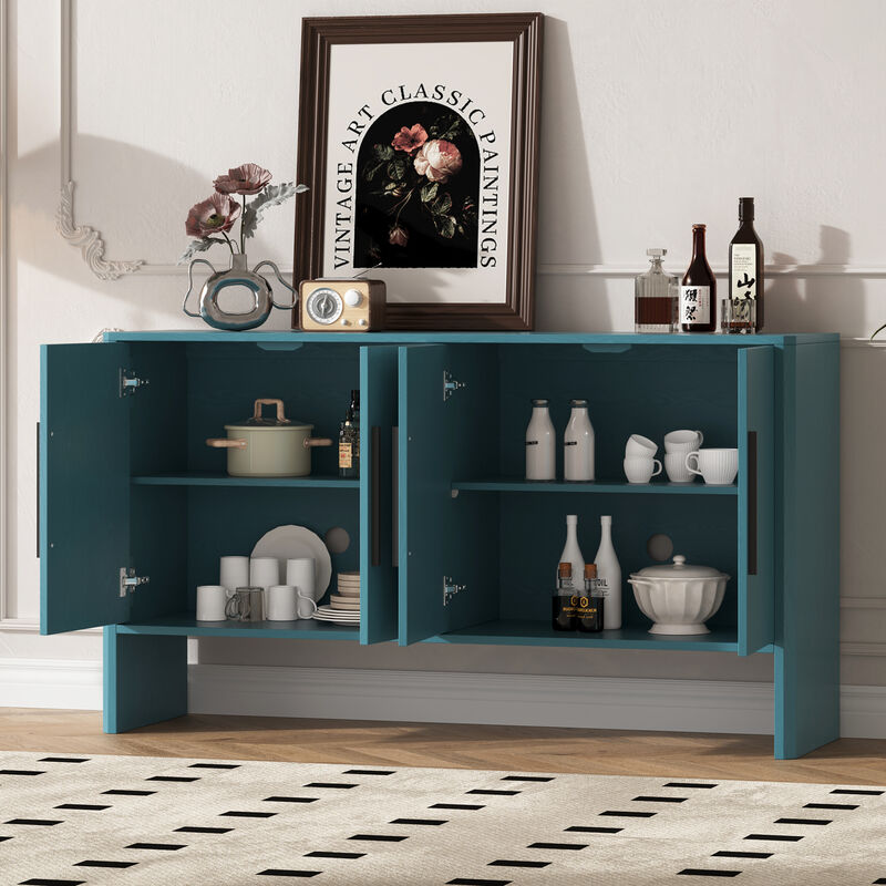 Clihome Sideboard Buffet Cabinet with Storage, Retro Sideboard Cabinet with Adjustable Shelves and Long Handles, 4-Door Wood Sideboard for Kitchen, Dining Room and Living Room (Antique Blue)