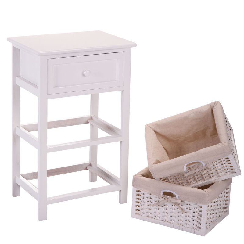 One Drawer Nightstand with Two Removable Baskets, Storage Bedside Table, Modern End Table with Tall Legs, Indoors, White image number 4