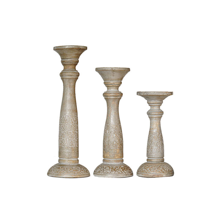Traditional Gray Wash Eco-friendly Handmade Mango Wood Set Of Three 9",12" & 15" Pillar Candle Holder BBH Homes