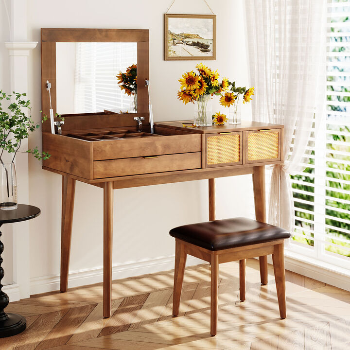 Wooden Dressing Table with Flip-Up Mirror, Stool & 3 Storage Drawers